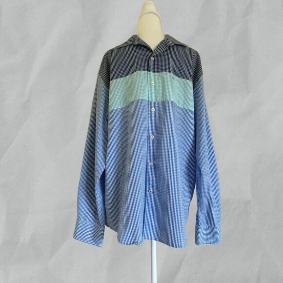 Men's Izod Shirt Long Sleeve Button Down Blue Teal Checkered Size LG - Picture 1 of 5